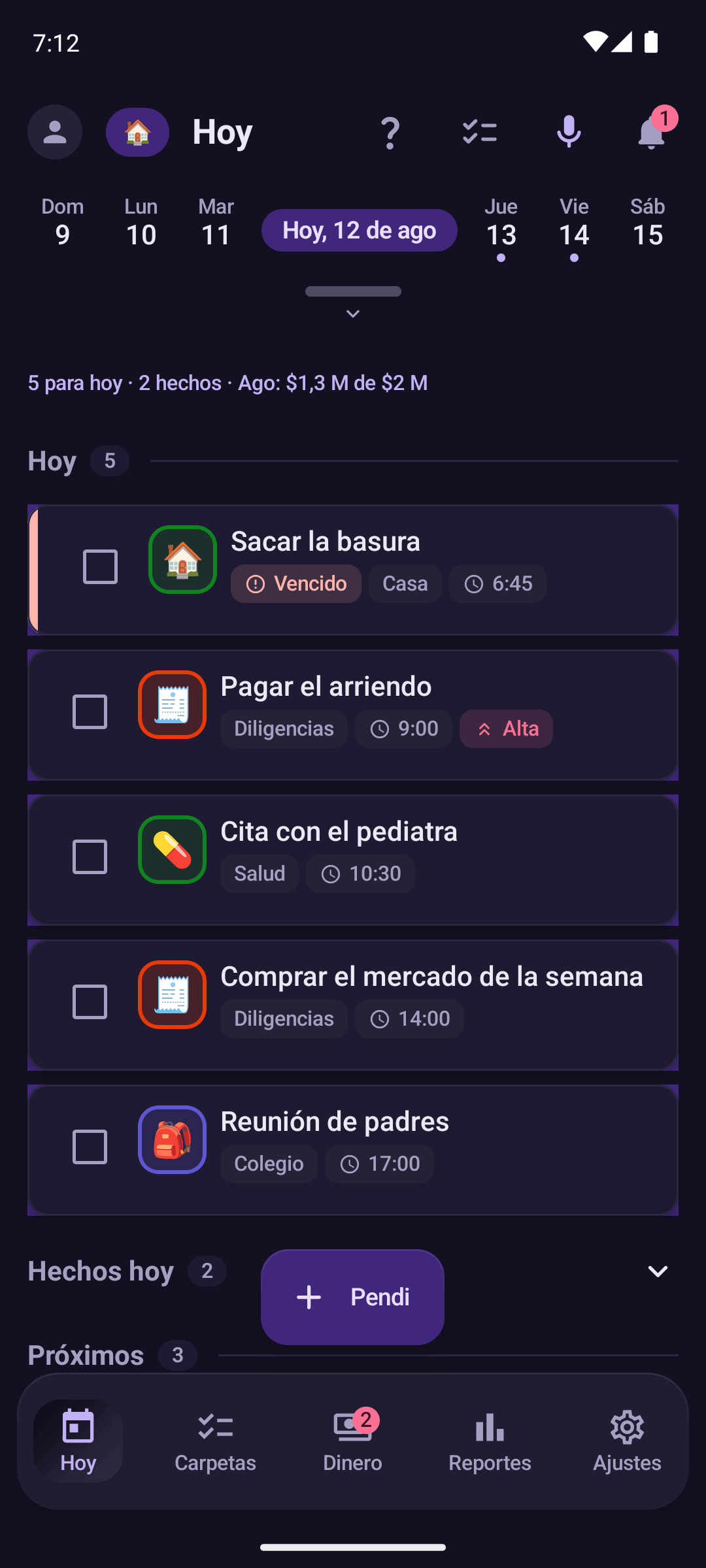 Pantalla de hoy en Pendi, tema oscuro