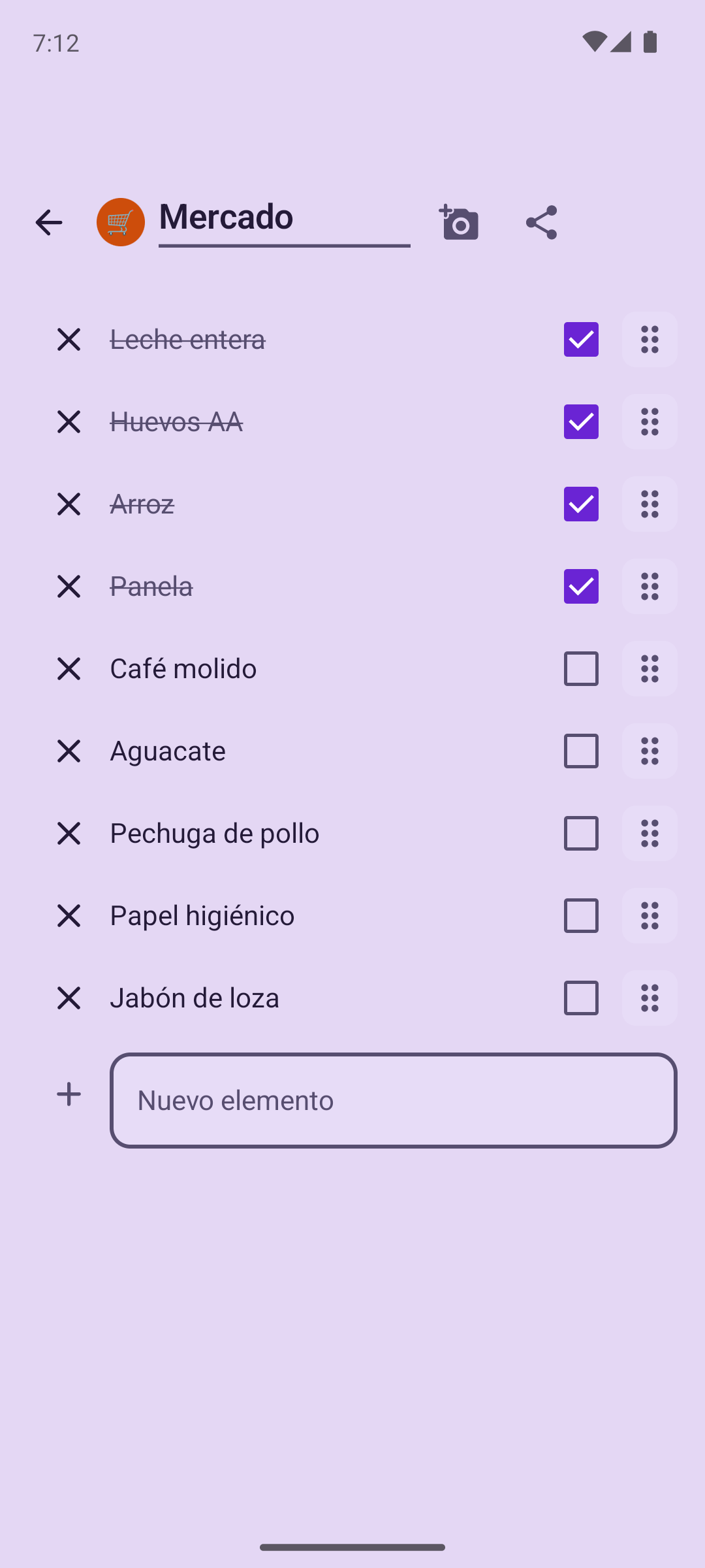 Lista de mercado compartida en Pendi